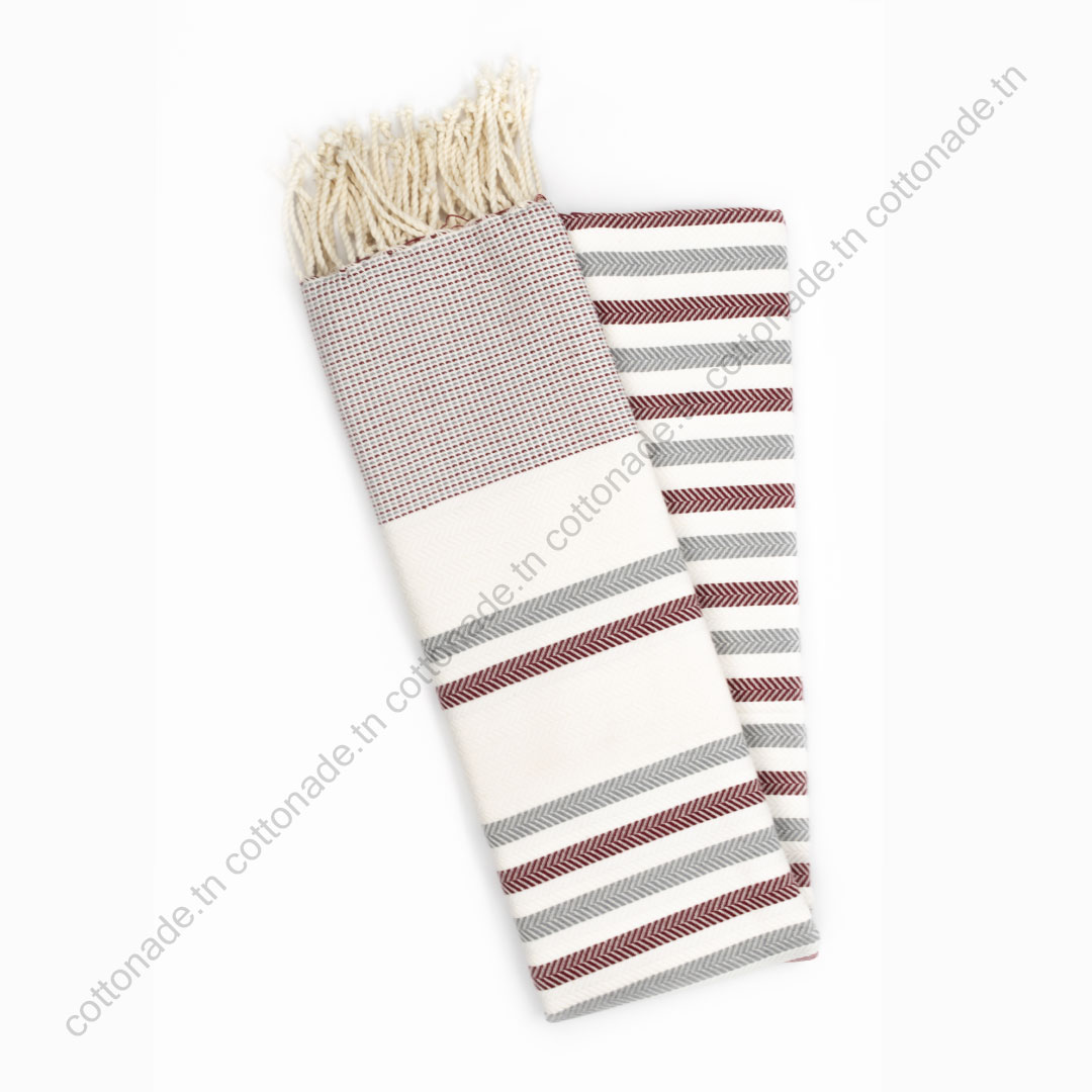 fouta-jrida-gris-clair-bordeau-1 Fouta Coton Jrida Rouge Bordeaux, Gris et Écru