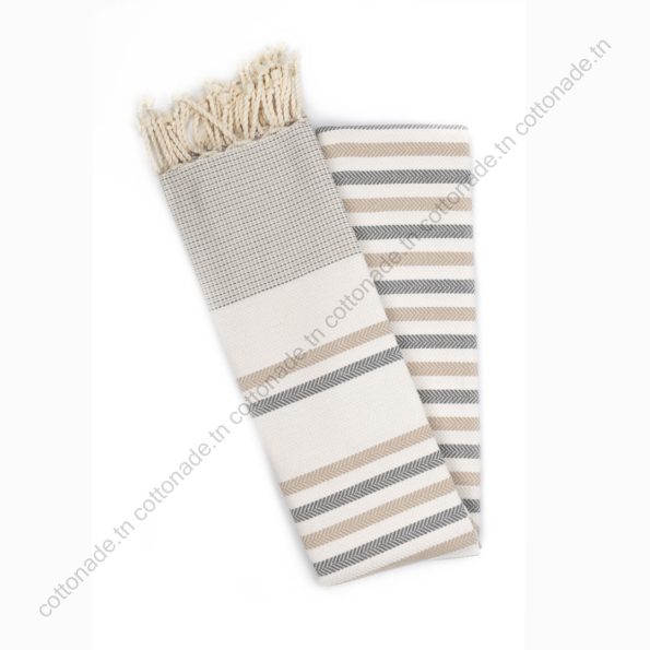 Fouta polyvalente - Beige, gris et écru - Plage, hammam, décoration