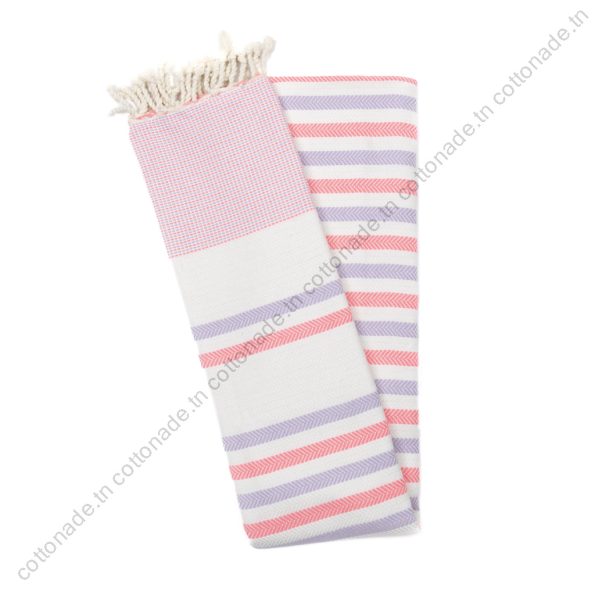 Fouta Jrida Rayures Rose Fluo, Lilas et Écru | Élégance & Couleurs Vives