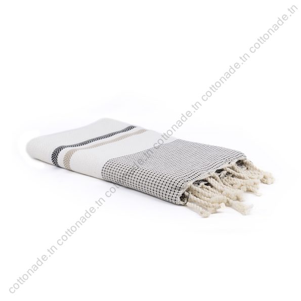 Fouta Coton Jrida – Rayures Beige, Noir et Écru | Élégance Tunisienne