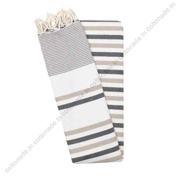 Fouta Coton Jrida – Rayures Beige, Noir et Écru | Élégance Tunisienne