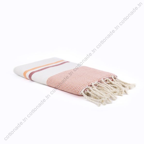 Fouta Jrida Rayures Orange, Bordeaux et Écru | Authenticité & Style Tunisien