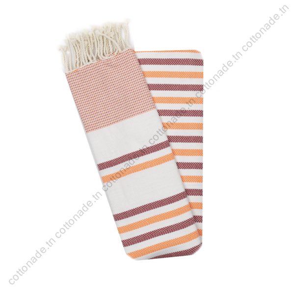 Fouta Jrida Rayures Orange, Bordeaux et Écru | Authenticité & Style Tunisien