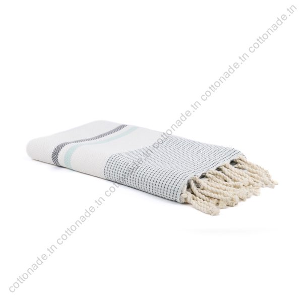 Fouta Jrida Rayures Vert d’Eau, Gris et Écru | Douceur & Élégance Tunisienne