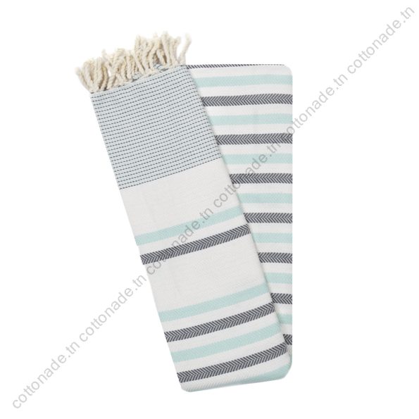 Fouta Jrida Rayures Vert d’Eau, Gris et Écru | Douceur & Élégance Tunisienne