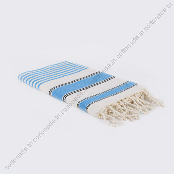 Fouta Plage Coton Écru Rayures Bleu Azur