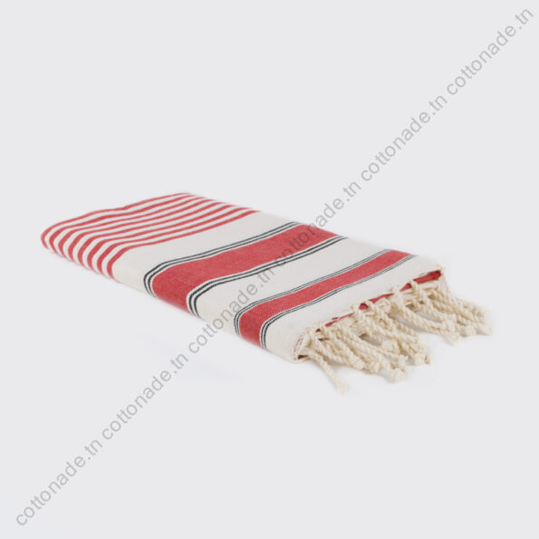 Fouta Plage Coton Écru Rayures Rouge