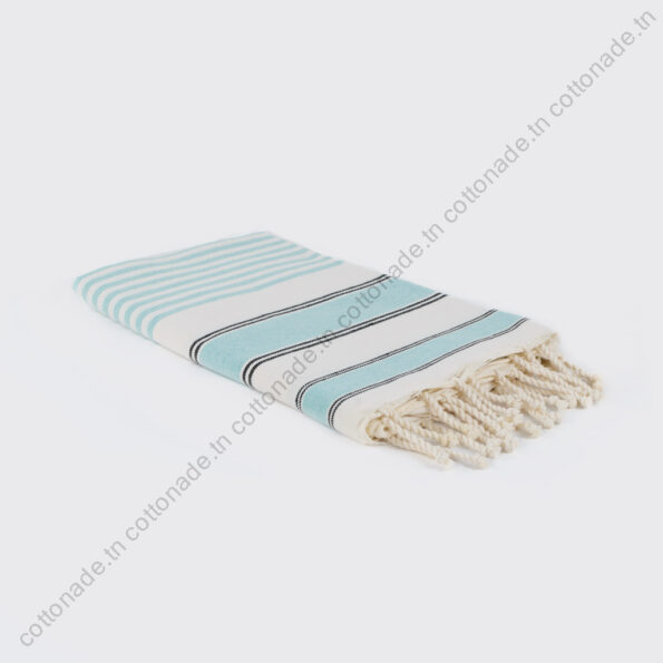 Fouta Plage Coton Écru Rayures Vert d'Eau