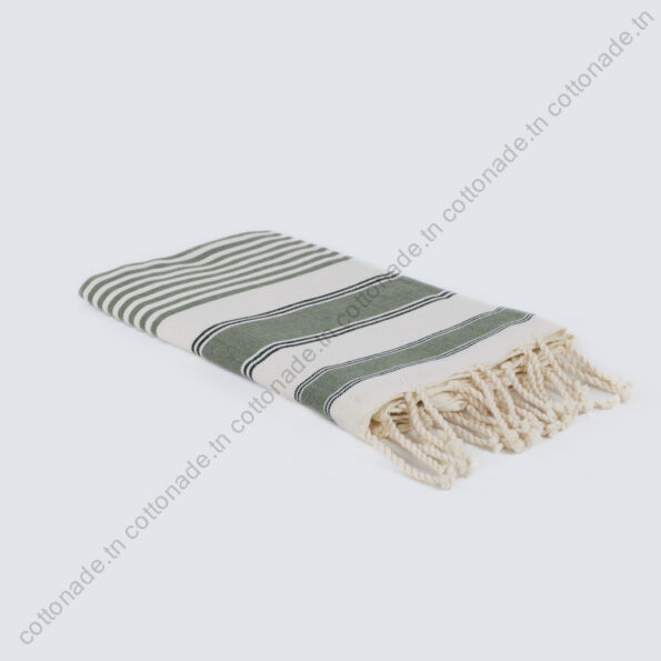 Fouta Plage Coton Écru Rayures Vert Kaki