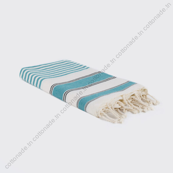 Fouta Plage Coton Écru Rayures Vert Teal