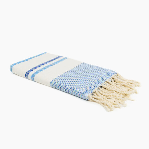 Fouta Coton Jrida Écru Rayures Bleu Roi et Indigo