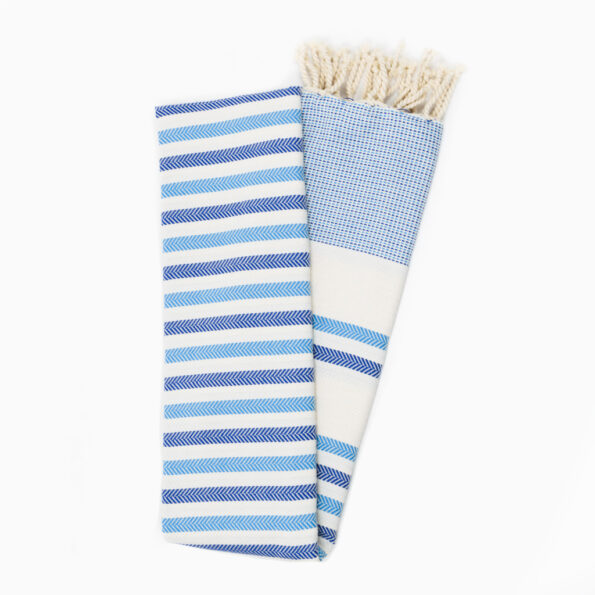 Fouta Coton Jrida Écru Rayures Bleu Roi et Indigo dépliée