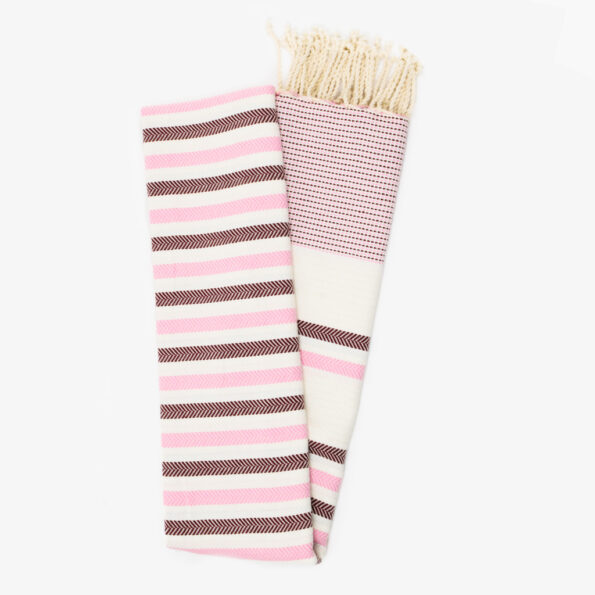 Fouta Coton Jrida Écru Rayures Bordeaux et Rose dépliée