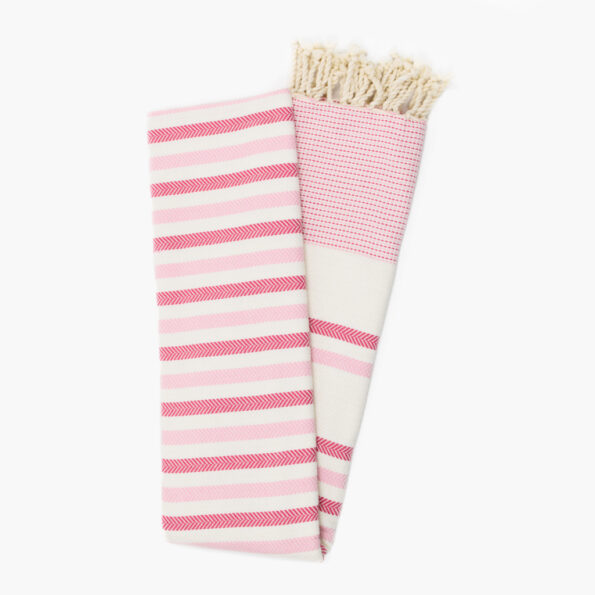 Fouta Coton Jrida Écru Rayures Rose et Framboise dépliée