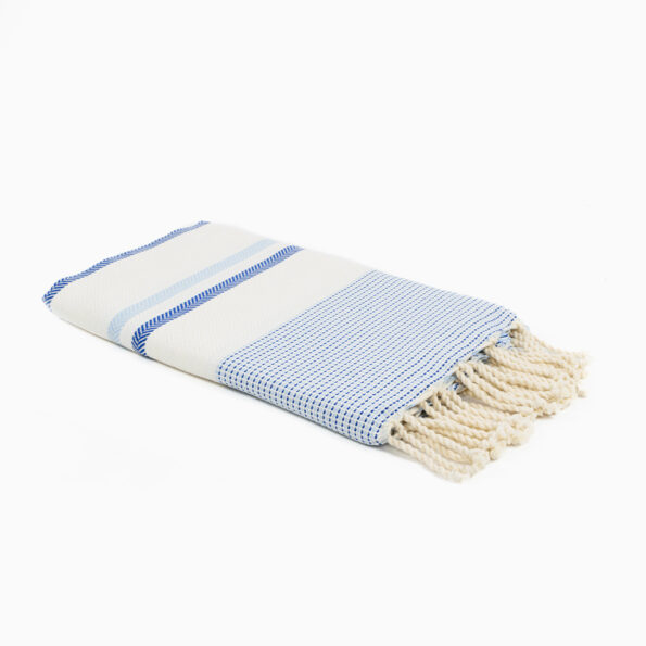 Fouta Coton Jrida Écru Rayures Indigo et Bleu Cadet