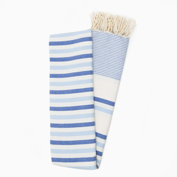 Fouta Coton Jrida Écru Rayures Indigo et Bleu Cadet dépliée