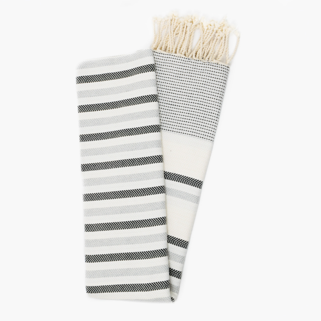 fouta-coton-jrida-ecru-rayures-noir-et-gris-dépliée Fouta Coton Jrida Écru Rayures Noir et Gris dépliée