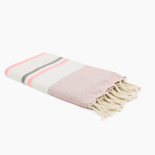 Fouta Coton Jrida Écru Rayures Rose Fluo et Taupe
