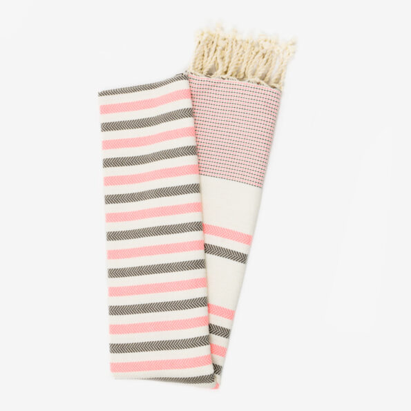 Fouta Coton Jrida Écru Rayures Rose Fluo et Taupe dépliée