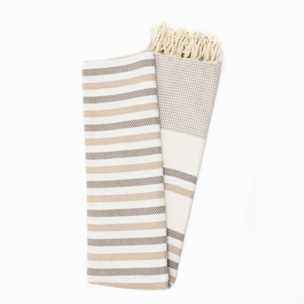 Fouta Coton Jrida Écru Rayures Taupe et Beige dépliée