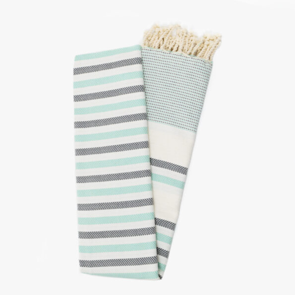 Fouta Coton Jrida Écru Rayures Vert d’Eau et Gris dépliée