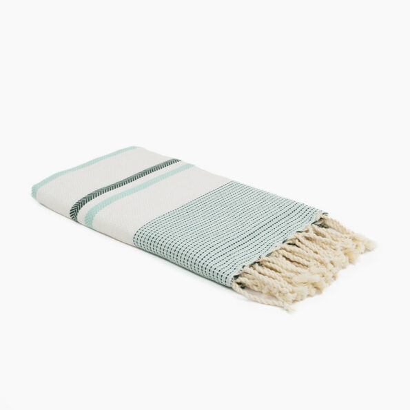 Fouta Coton Jrida Écru Rayures Vert d’Eau et Vert Foncé