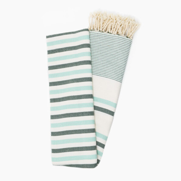 Fouta Coton Jrida Écru Rayures Vert d’Eau et Vert Foncé dépliée