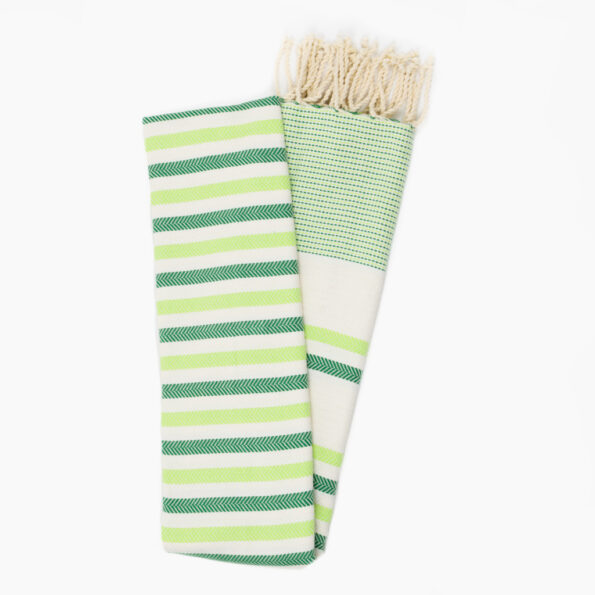 Fouta Coton Jrida Écru Rayures Vert et Vert Fluo dépliée