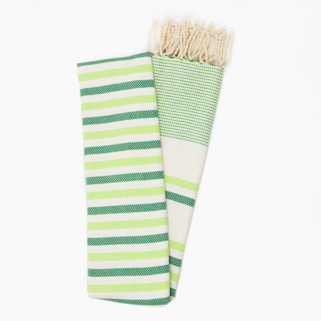 fouta-coton-jrida-ecru-rayures-vert-fluo-et-vert-dépliée Fouta Coton Jrida Écru Rayures Vert et Vert Fluo dépliée