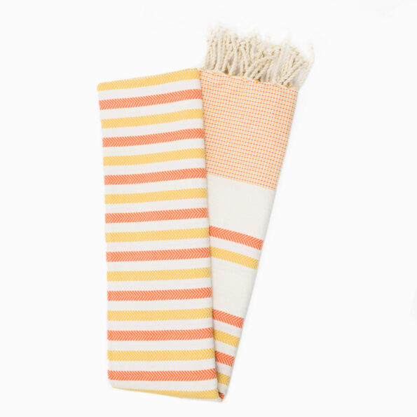 Fouta Coton Jrida Écru Rayures Orange et Jaune dépliée